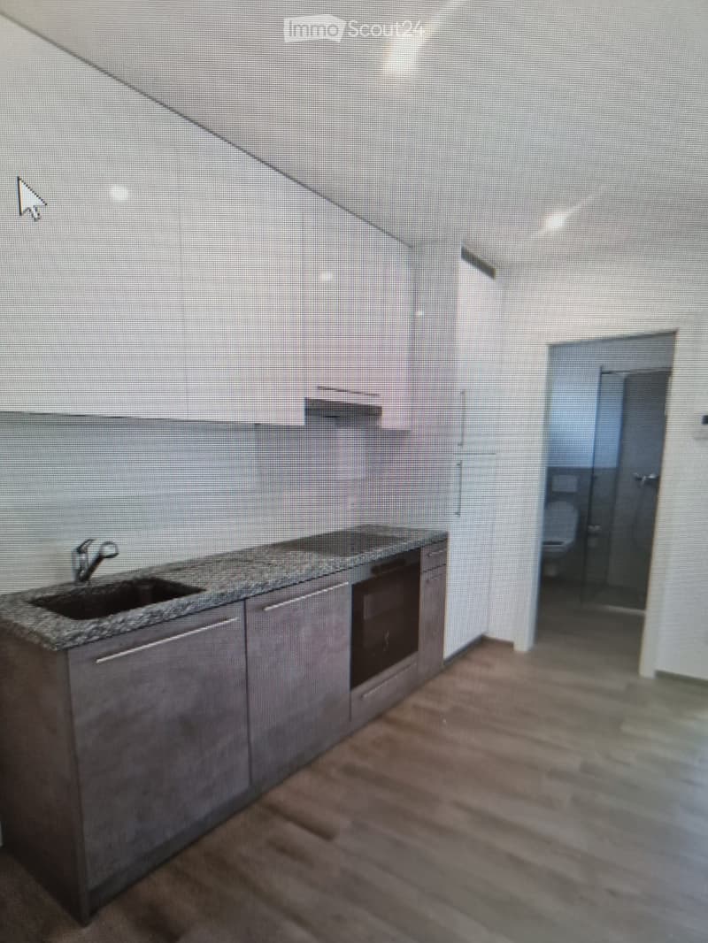 Modern kitchen with grey cabinets, a sink, and an oven. The floor is wooden, and the walls are painted in neutral tones.