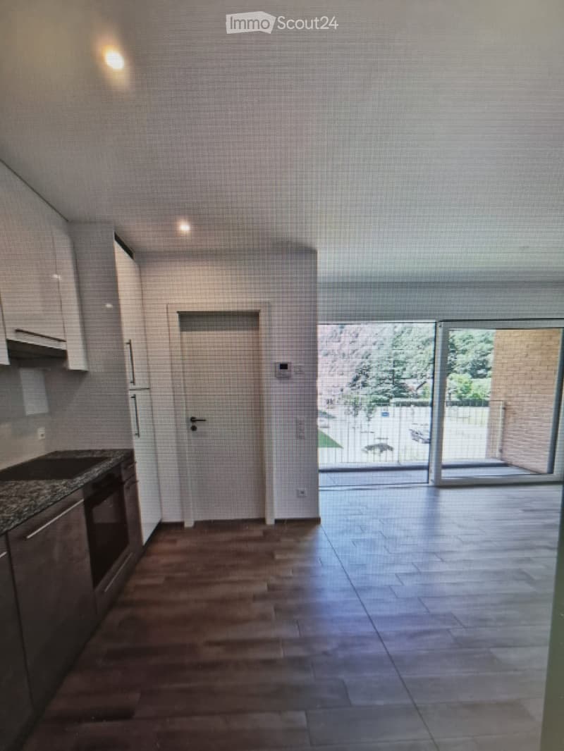 Empty room with wooden flooring, white walls, and a sliding glass door leading to an outdoor area. Kitchen area visible with cabinets and countertop.