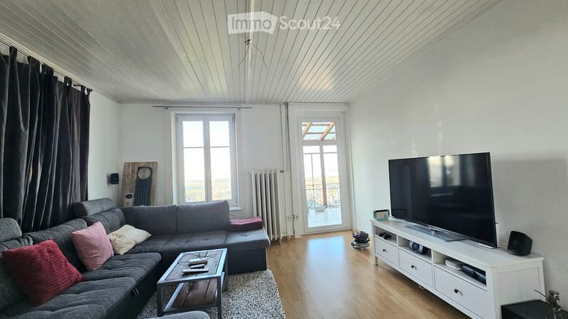 Modern living room with grey sectional sofa, coffee table, flat-screen TV on a white stand, wooden flooring, large windows, and a balcony access.