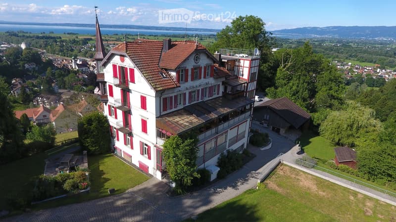 A large, multi-story house with red shutters and a tiled roof, surrounded by greenery and offering a scenic view of a lake and distant mountains.