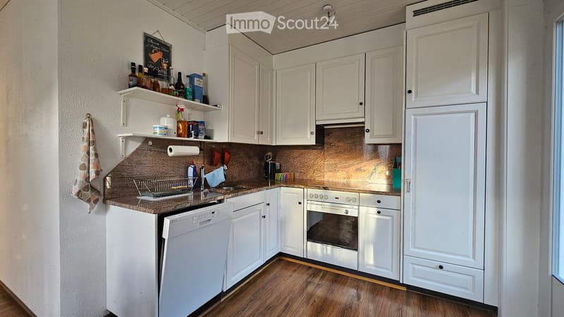 Modern kitchen with white cabinets, stainless steel appliances, wooden flooring, and a countertop with various items including cleaning supplies and a towel.