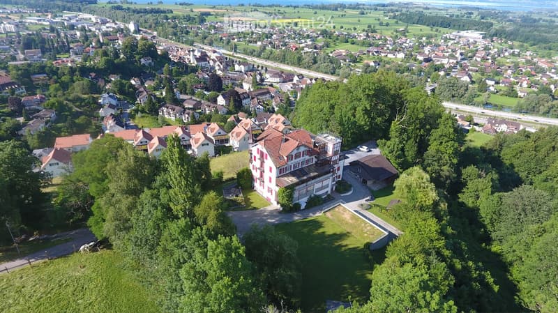 Aerial view of a suburban neighborhood with houses, trees, and a central building surrounded by greenery.
