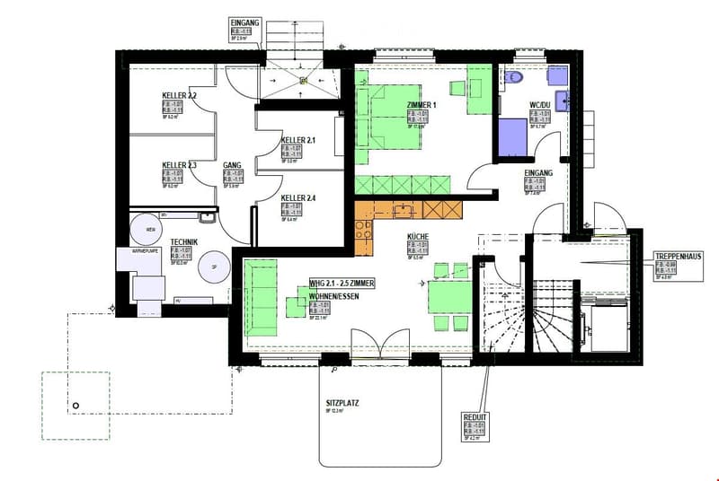 5 rooms including living room, kitchen, 3 bedrooms, bathrooms, technical room