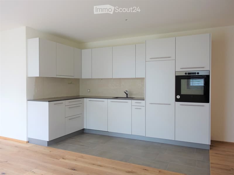 modern kitchen with all electrical appliances, white cabinetry, granite countertops, open to living room