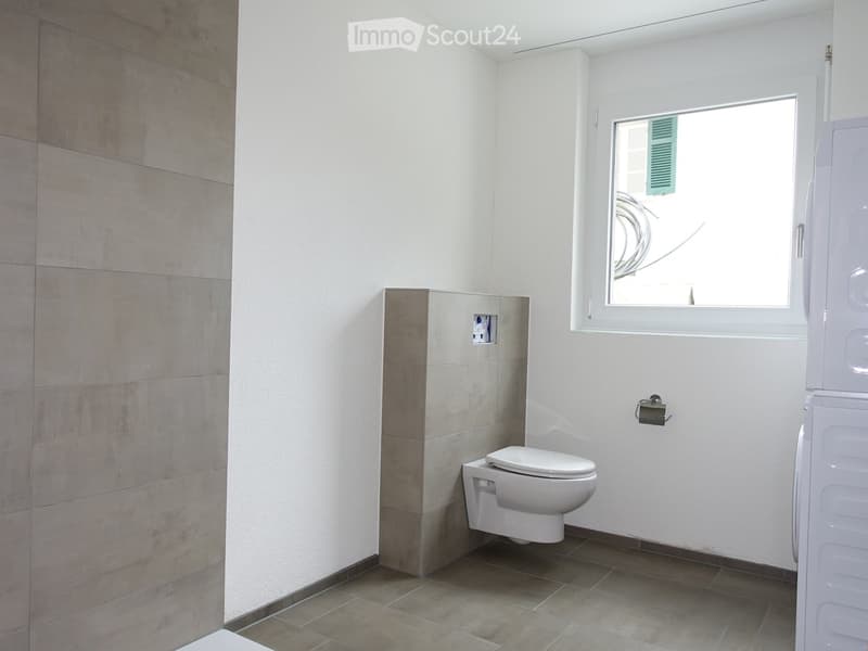 wall-mounted toilet, shower cubicle, tiled flooring, window