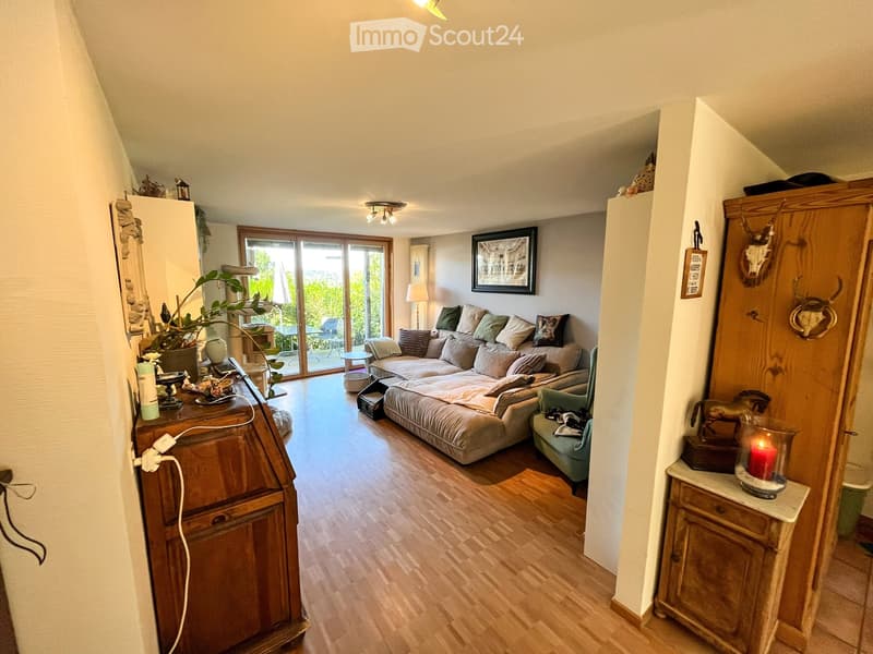 A cozy living room with a large sectional sofa, wooden floor, large windows, and decorative items including a plant, picture frame, and candle.