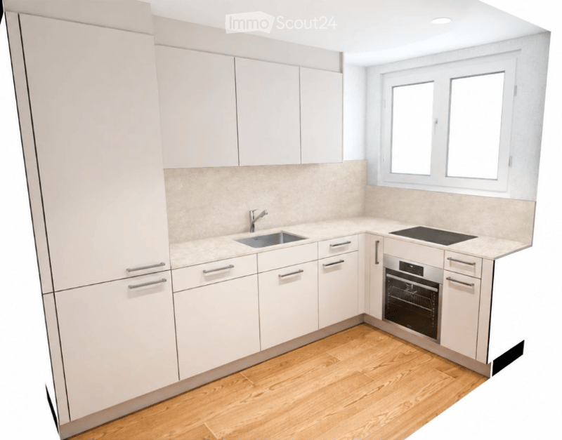 Modern kitchen with white cabinets, light wood flooring, and built-in appliances including a sink, faucet, and oven.