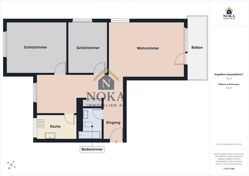Floor plan of a 76 m² apartment featuring two bedrooms, a living room, a kitchen, a bathroom, and a balcony.