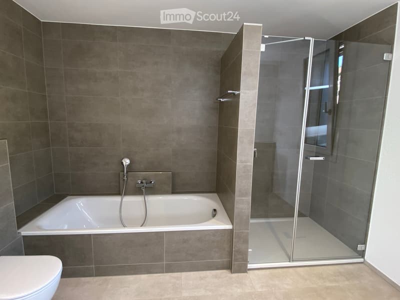 Modern bathroom with a bathtub, toilet, and a glass-enclosed shower. The walls are tiled in dark brown tiles, and the floor is tiled in light beige tiles.