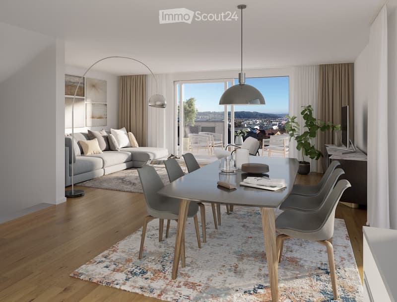 Modern living and dining area with a grey sectional sofa, a dark wooden dining table with six chairs, a large floor lamp, pendant lights, and a potted plant near the window offering a scenic view.