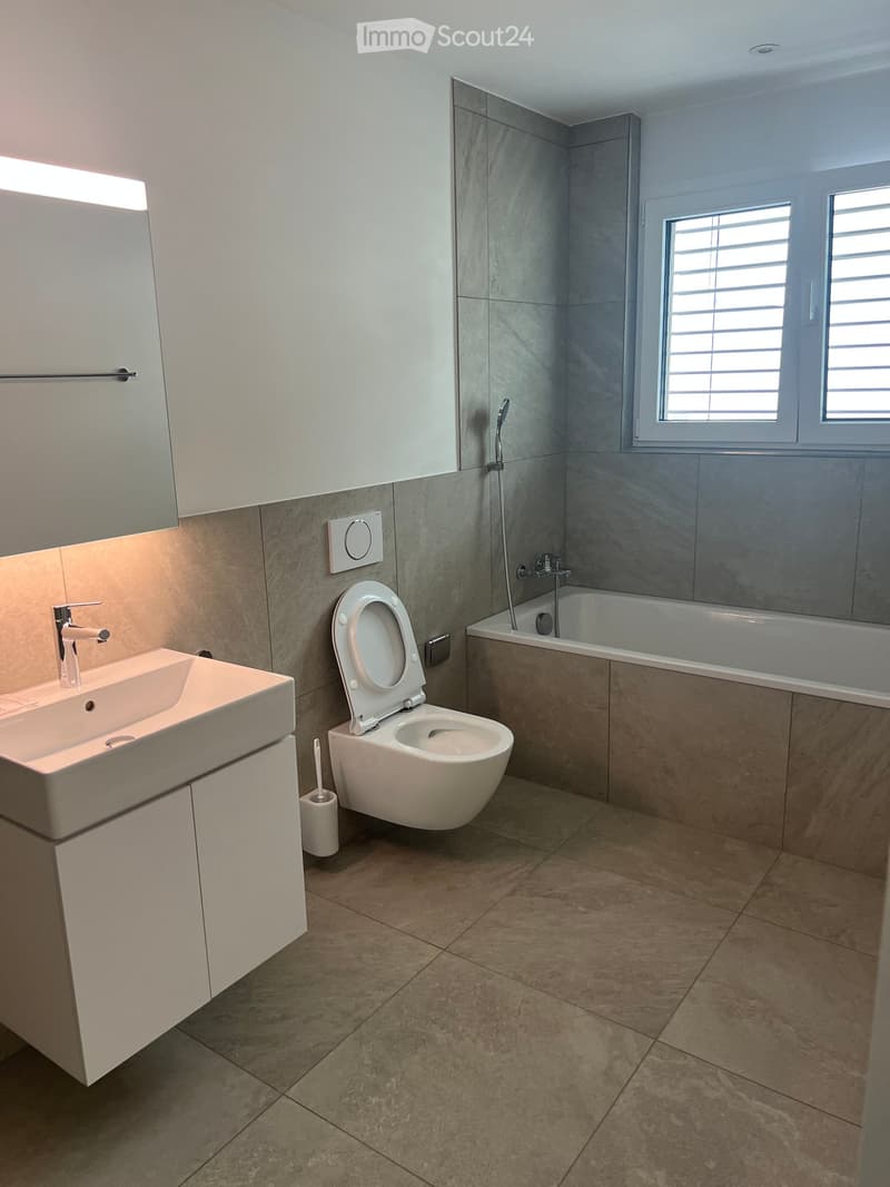 Modern bathroom with a white sink, chrome faucet, toilet, bathtub, and mirrored cabinet. Grey tiled walls and brown tiled floor.