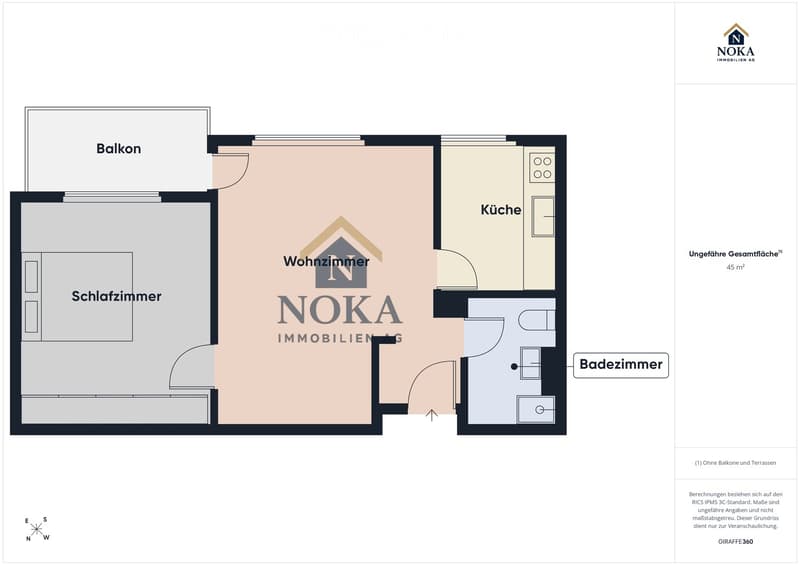 Floor plan of a 45 m² apartment featuring a living room, bedroom, kitchen, bathroom, and balcony.
