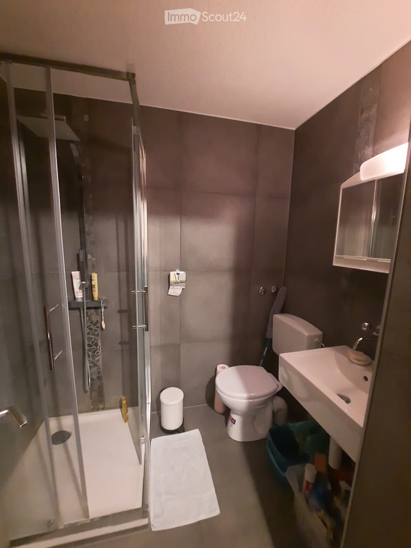 Modern bathroom with a toilet, sink, shower, and towel on the floor. The shower has a glass enclosure, and the sink has a modern faucet. There is a small trash can and a mirror above the sink.