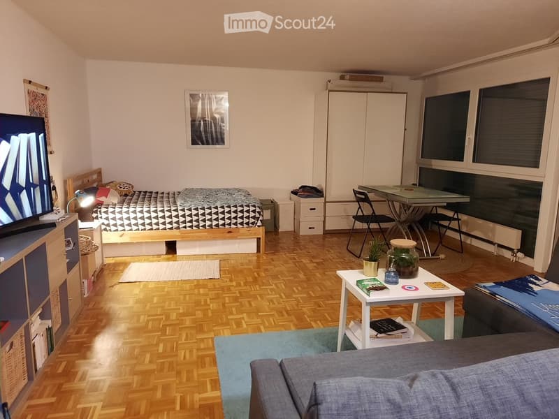 A small, well-furnished room with a bed, sofa, table, and chair, featuring wooden flooring and large windows.