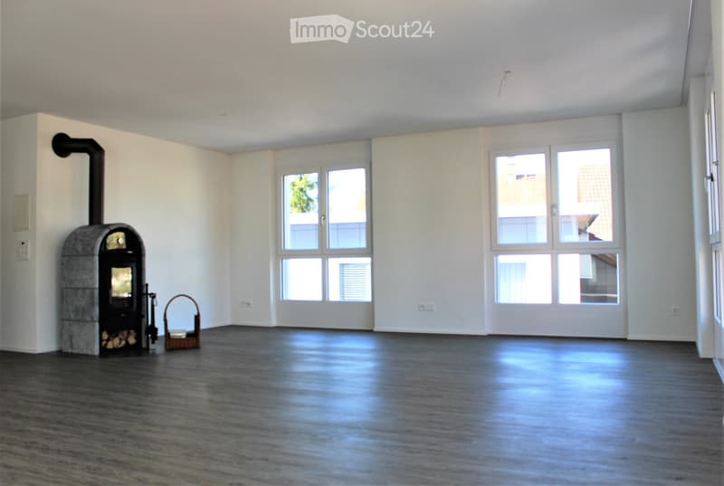 Empty room with light-colored walls, dark wooden flooring, large windows, and a wood-burning stove with a small basket nearby.