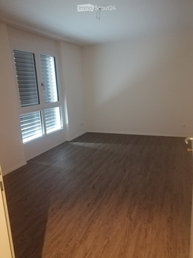 Empty room with wooden flooring and white walls, featuring two windows with blinds on the left side.