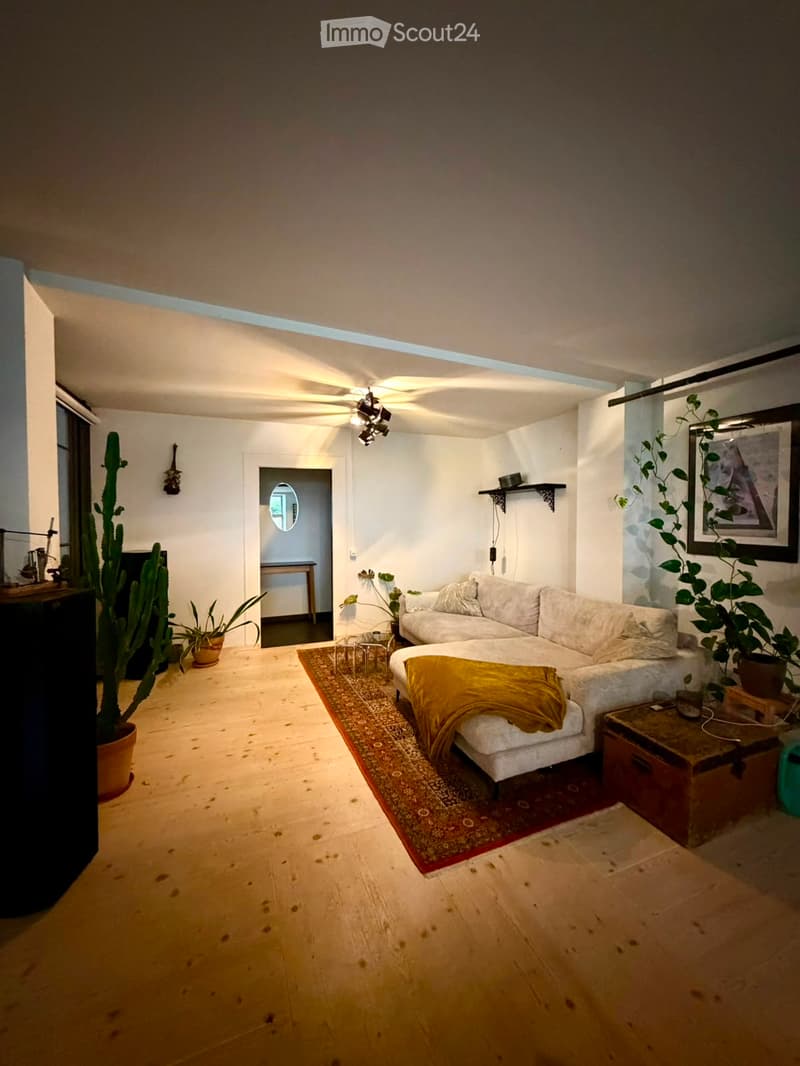 Modern living room with white walls, wooden floor, sectional sofa, coffee table, and decorative plants.
