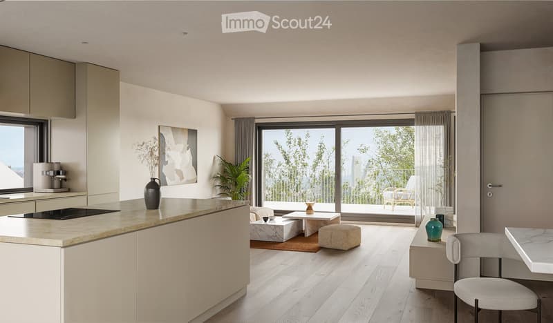 modern kitchen, island countertop, balcony, large windows, indoor plants, modern furniture, city view