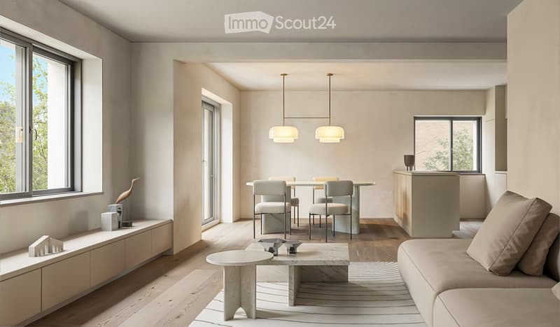 white walls, hardwood floors, a glass window, a dining table and chairs, a living room with a couch, and a white rug