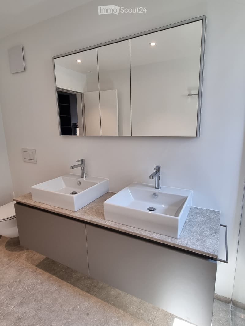 Modern bathroom with two white sinks, chrome faucets, a large mirrored cabinet, and a grey cabinet below the sinks.