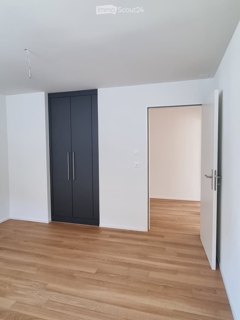 Empty room with light wooden flooring, white walls, and a dark grey cabinet with silver handles. An open doorway leads to another space.