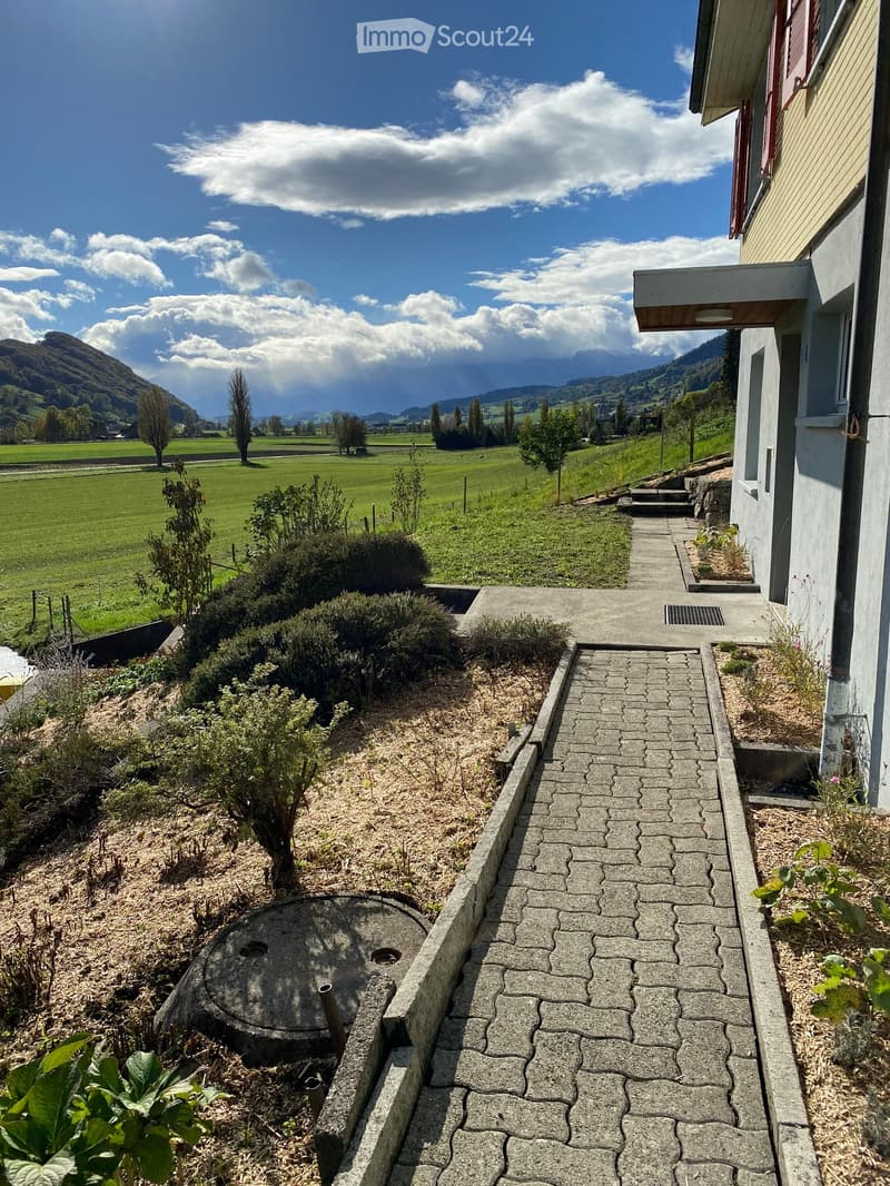 Garden path leading to a house with a scenic mountain view in the background. The garden features shrubs, a stone well, and a paved walkway.