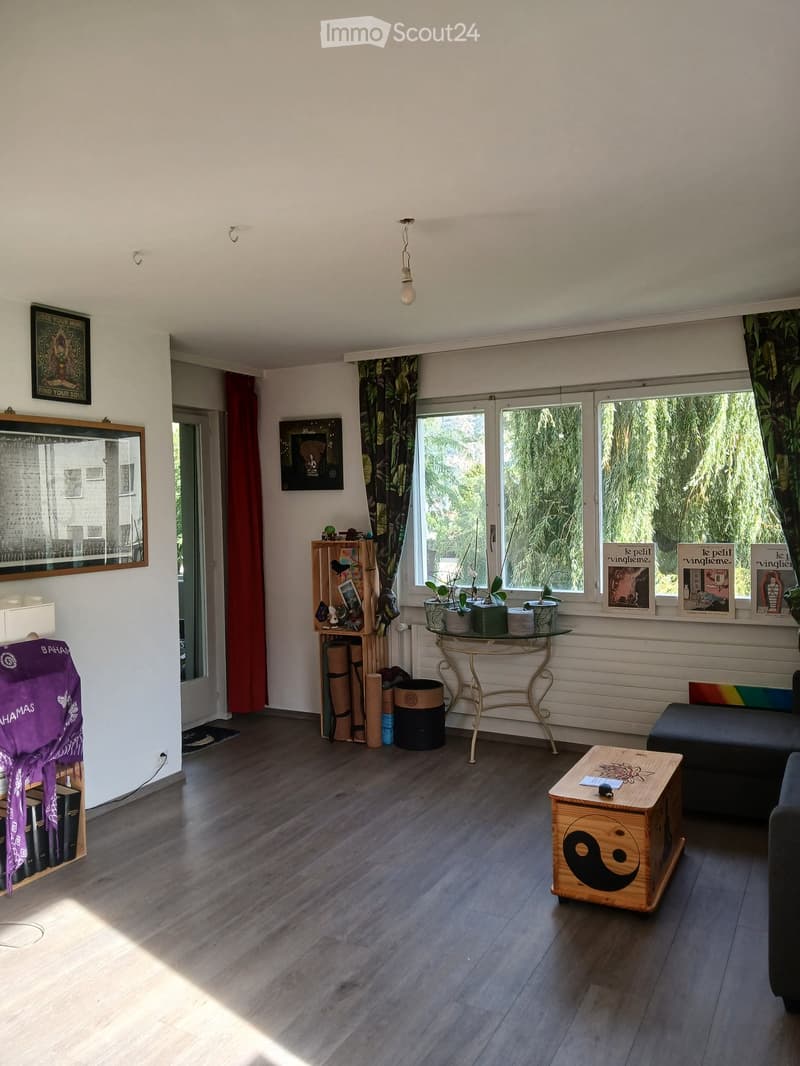 Bright living room with wooden flooring, large windows, sofa, coffee table, small table with plants, and decorative items.