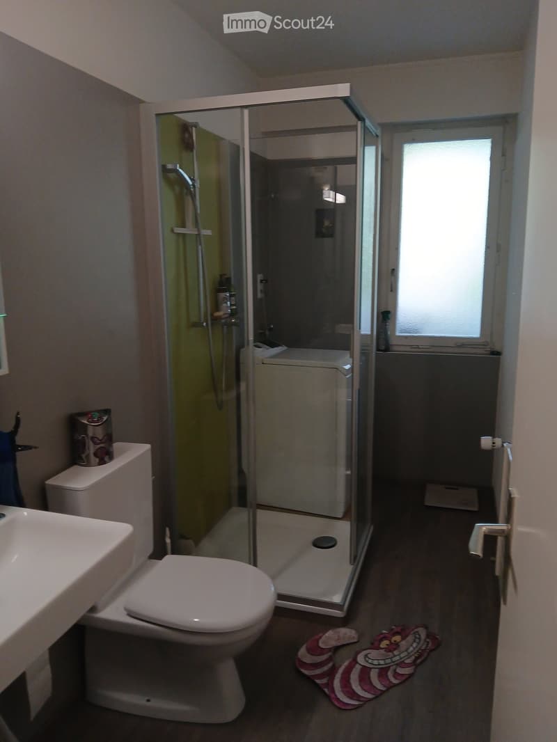 Modern bathroom with a white toilet, sink, bathtub, and glass-enclosed shower. Features a decorative rug and a towel on the side.
