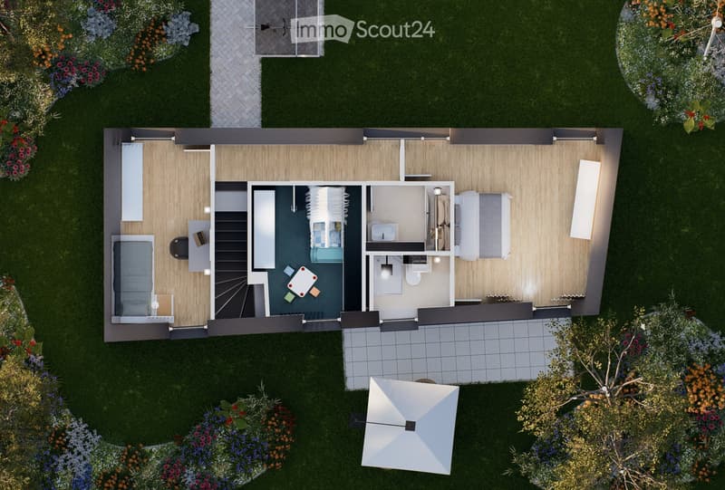 Top-down floor plan of a modern, compact house with a living area, bedroom, bathroom, and outdoor patio. Features include a staircase leading to a loft area, a small kitchen, and a covered outdoor seating area with a table and chairs.