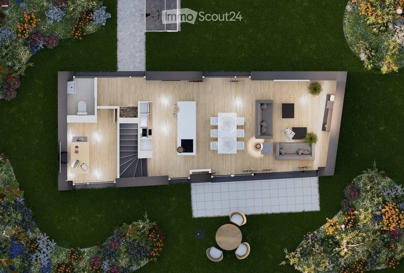 Top-down view of a modern house floor plan with a kitchen, living area, dining area, and outdoor patio. The layout includes a staircase leading to an upper level, a small bathroom, and a well-maintained garden with colorful flowers and shrubs.