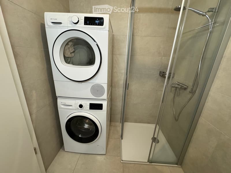 Bathroom with a stacked washing machine and dryer unit and a glass-enclosed shower stall.