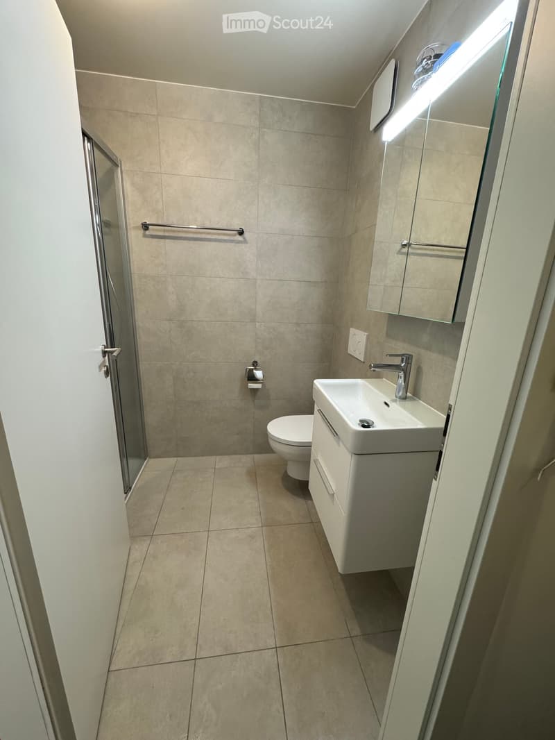 Modern bathroom with beige tiles, a white sink with a chrome faucet, a toilet, a glass-enclosed shower, and a mirrored cabinet with a built-in light.
