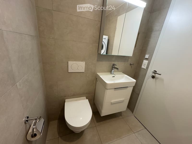 Modern bathroom with beige tiled walls, white toilet, sink with cabinet, mirror, and toilet paper holder.