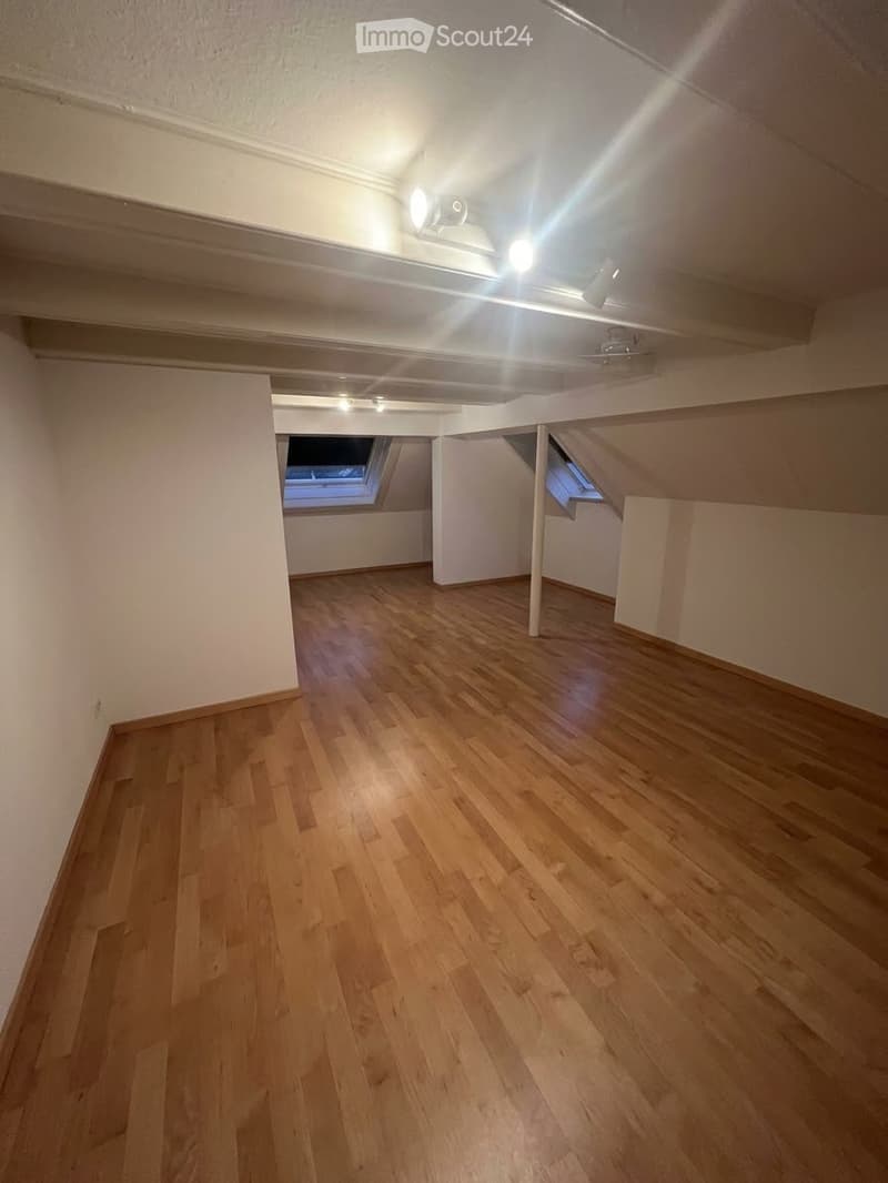 Empty attic room with wooden flooring, white walls, and two small skylight windows.