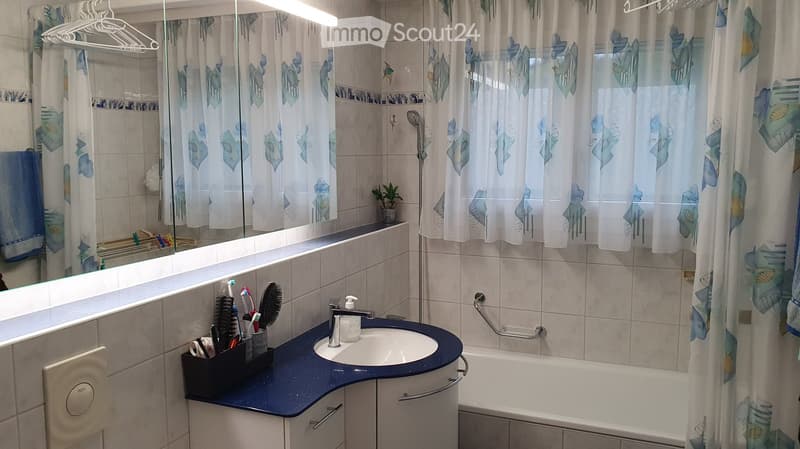 Bathroom with a blue countertop sink, white bathtub, mirror, toothbrush holder, and a small plant on the windowsill. Shower curtain with a floral pattern is visible.