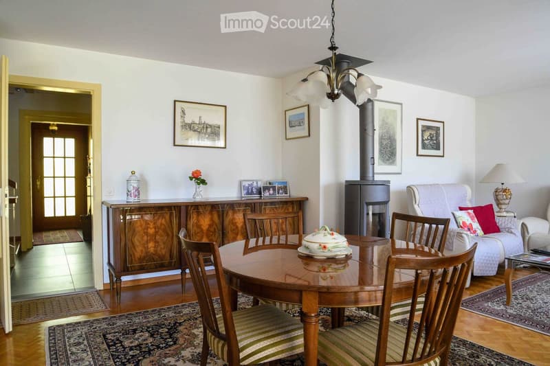 Well-furnished living and dining area with a round wooden dining table, six chairs, a sofa, a cabinet, a chandelier, a lamp, and a fireplace.