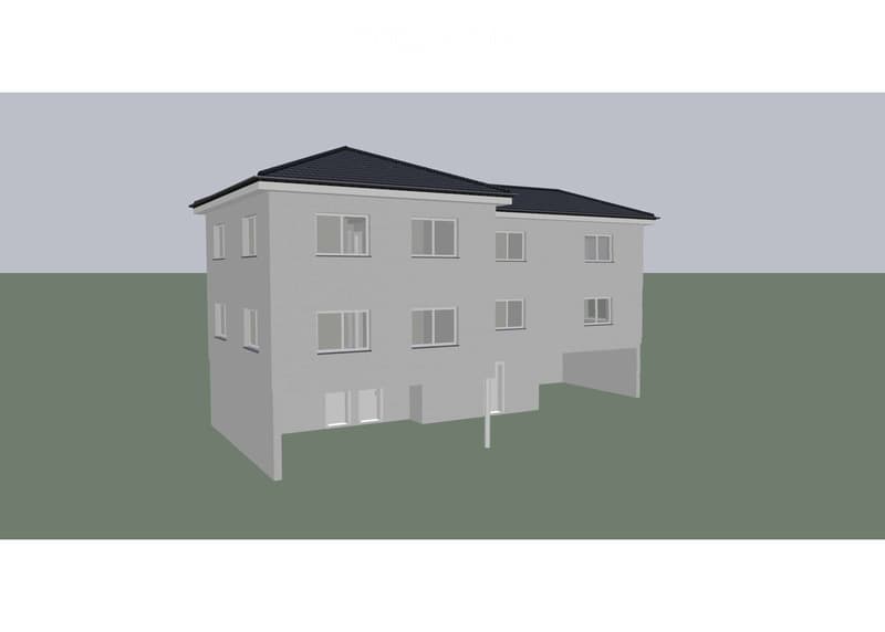 A modern house with raised ground floor, multiple windows, entrance, and black roof