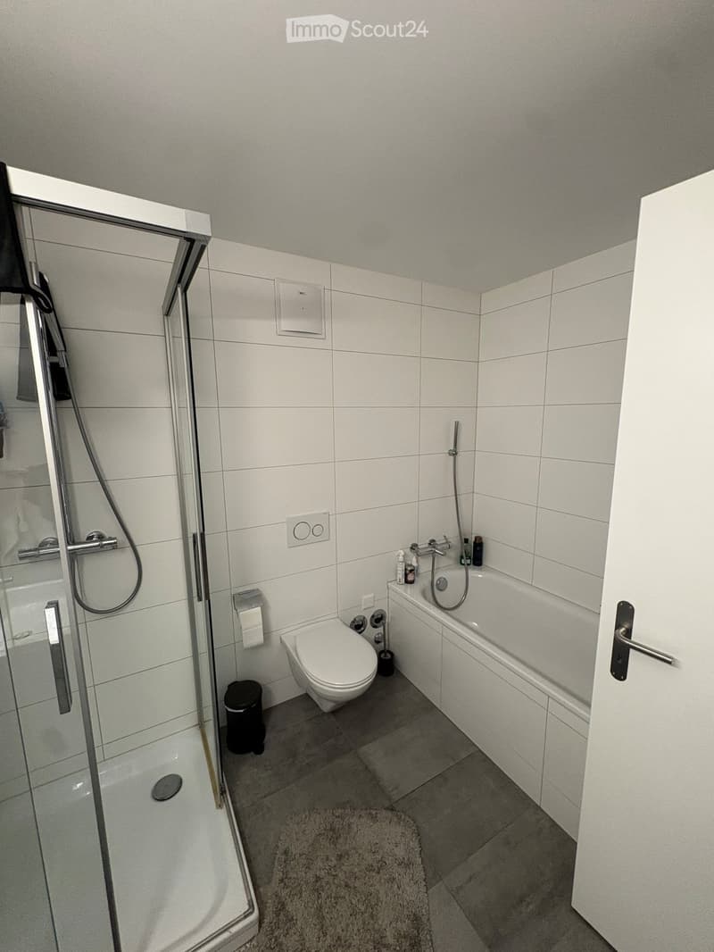 Modern bathroom with white tiles, a bathtub, toilet, shower, and a small trash bin. Includes a bathroom rug and a toilet paper holder.