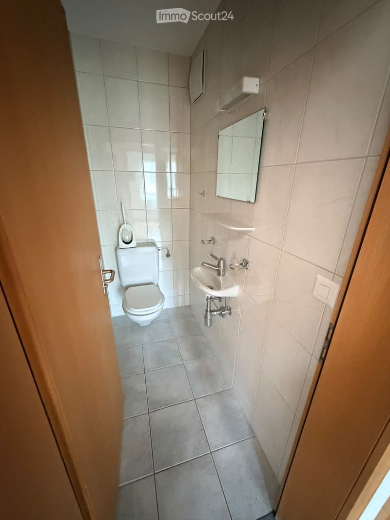 Small bathroom with white tiled walls and floor, featuring a toilet, sink, and mirror.