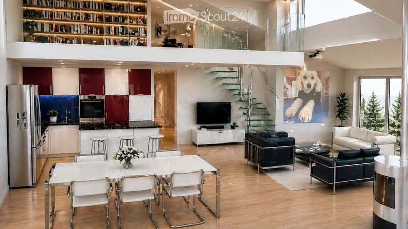 Modern, open-concept living and dining area with a sleek white dining table, white chairs, a black leather sofa, a white couch, a television, a stainless steel refrigerator, and a glass staircase leading to an upper level.