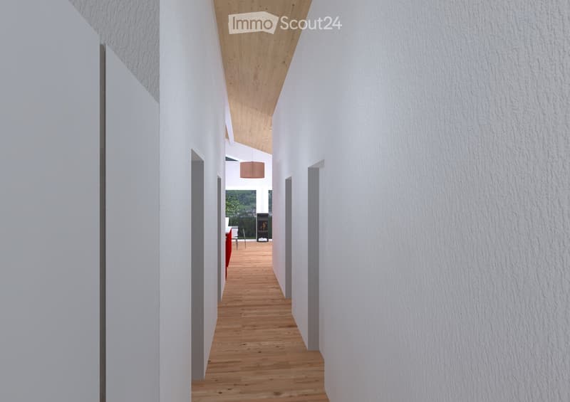 A modern, minimalist hallway with white textured walls, wooden flooring, and a hanging light fixture. The hallway leads to a room with a fireplace and a view of greenery outside.