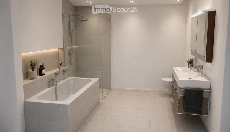 Modern bathroom with a bathtub, shower, sink, toilet, and a built-in vanity with a mirror. Features include a sleek design, recessed lighting, and a small plant on the bathtub ledge.