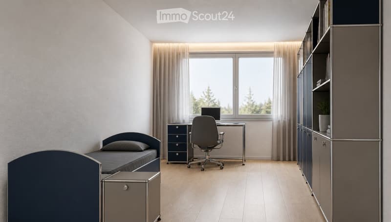 Modern bedroom with a bed, desk, chair, and built-in cabinetry. Large window with curtains and a view of trees.