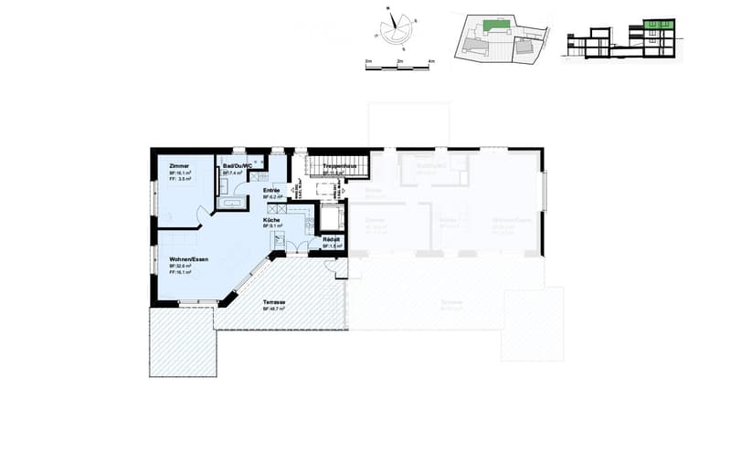 Floor plan of a two-story house with living/dining area, kitchen, bedroom, bathroom, terrace, and additional rooms on the upper level.