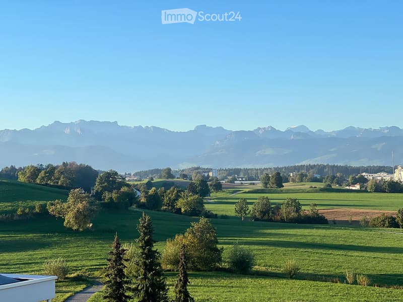 A panoramic view of a lush green valley with rolling hills, scattered trees, and distant mountains under a clear blue sky.