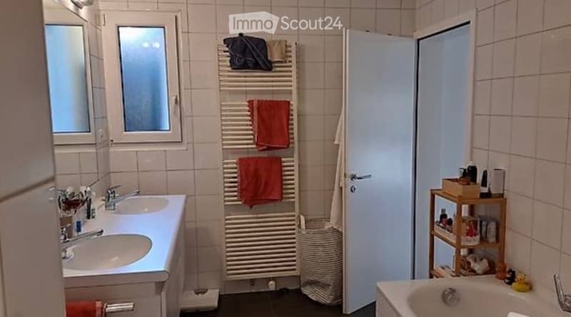 Bathroom with a sink, mirror, bathtub, towel rack with towels, and a small shelf with toiletries and a toy.