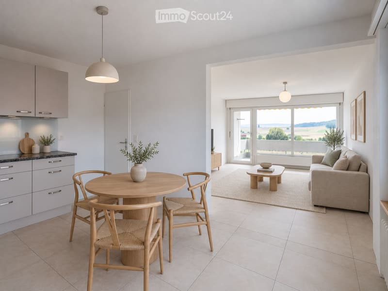 Open-plan living and dining area with a sofa, coffee table, dining table with chairs, pendant lights, and a kitchen area with cabinets and a vase on the counter.