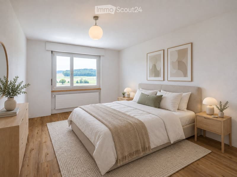 A modern, well-lit bedroom with a large bed, nightstands, lamps, a mirror, and decorative plants. The room features wooden flooring, large windows with a scenic view, and framed artwork on the walls.