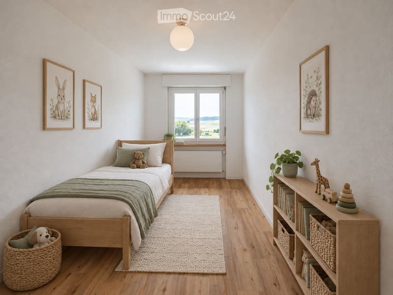 Cozy children's bedroom with a wooden bed, green blanket, stuffed animals, a shelf with books and toys, and a large window with a scenic view.