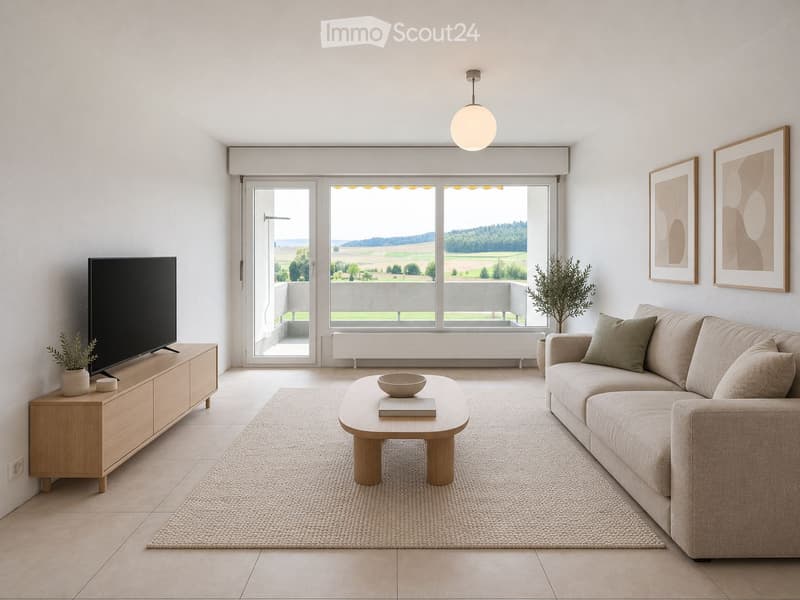 Modern living room with large windows and a view, featuring a beige sofa, wooden coffee table, flat-screen TV on a sideboard, and decorative plants.